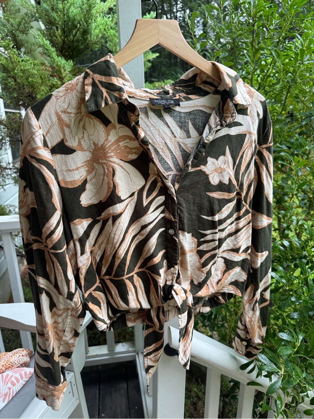 Rachel Zoe Black and Tan Floral Tie-Front Button Down Shirt